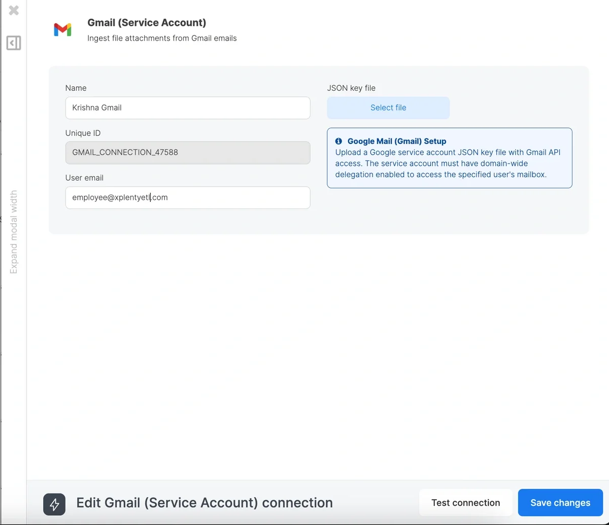 Uploading the JSON key file for Gmail connection