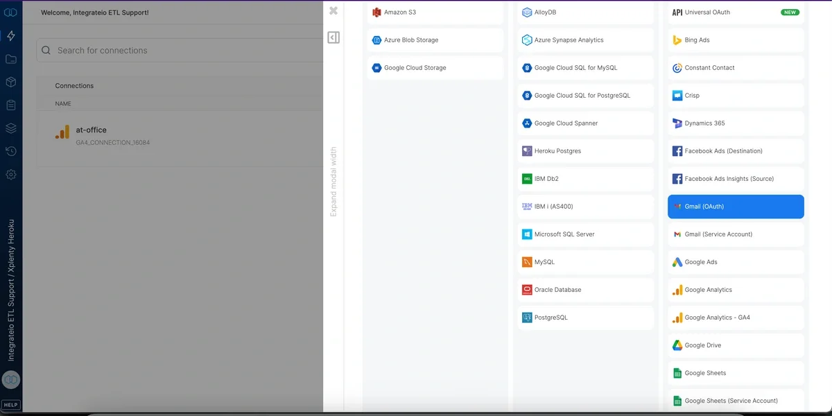 Gmail OAuth connection setup in Integrate.io