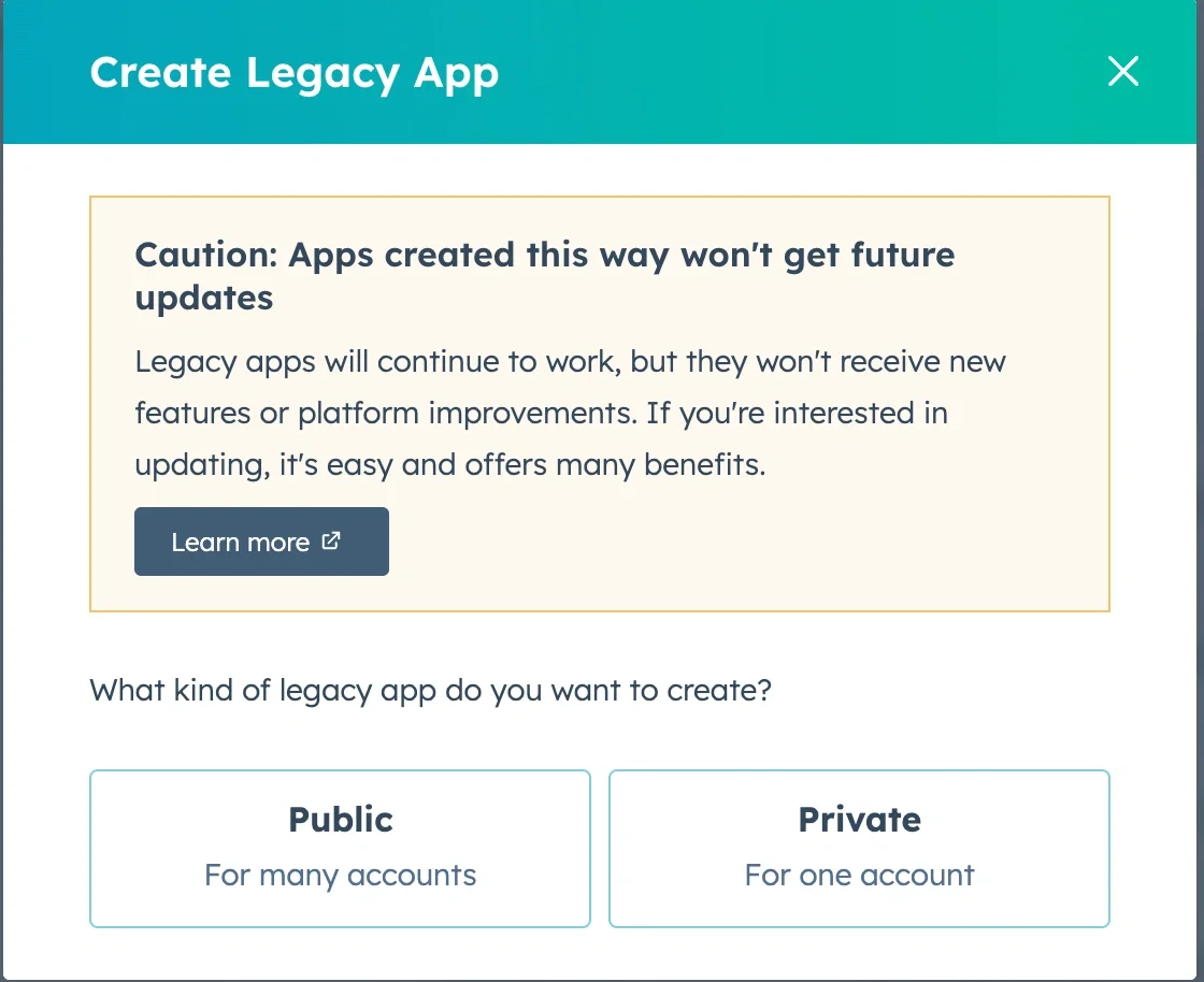 Private app creation form in HubSpot