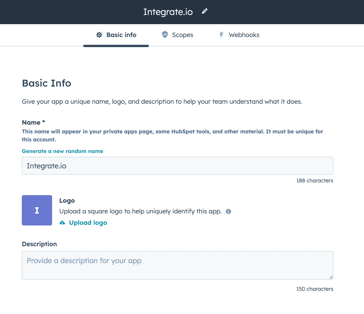 Configuring the private app details in HubSpot