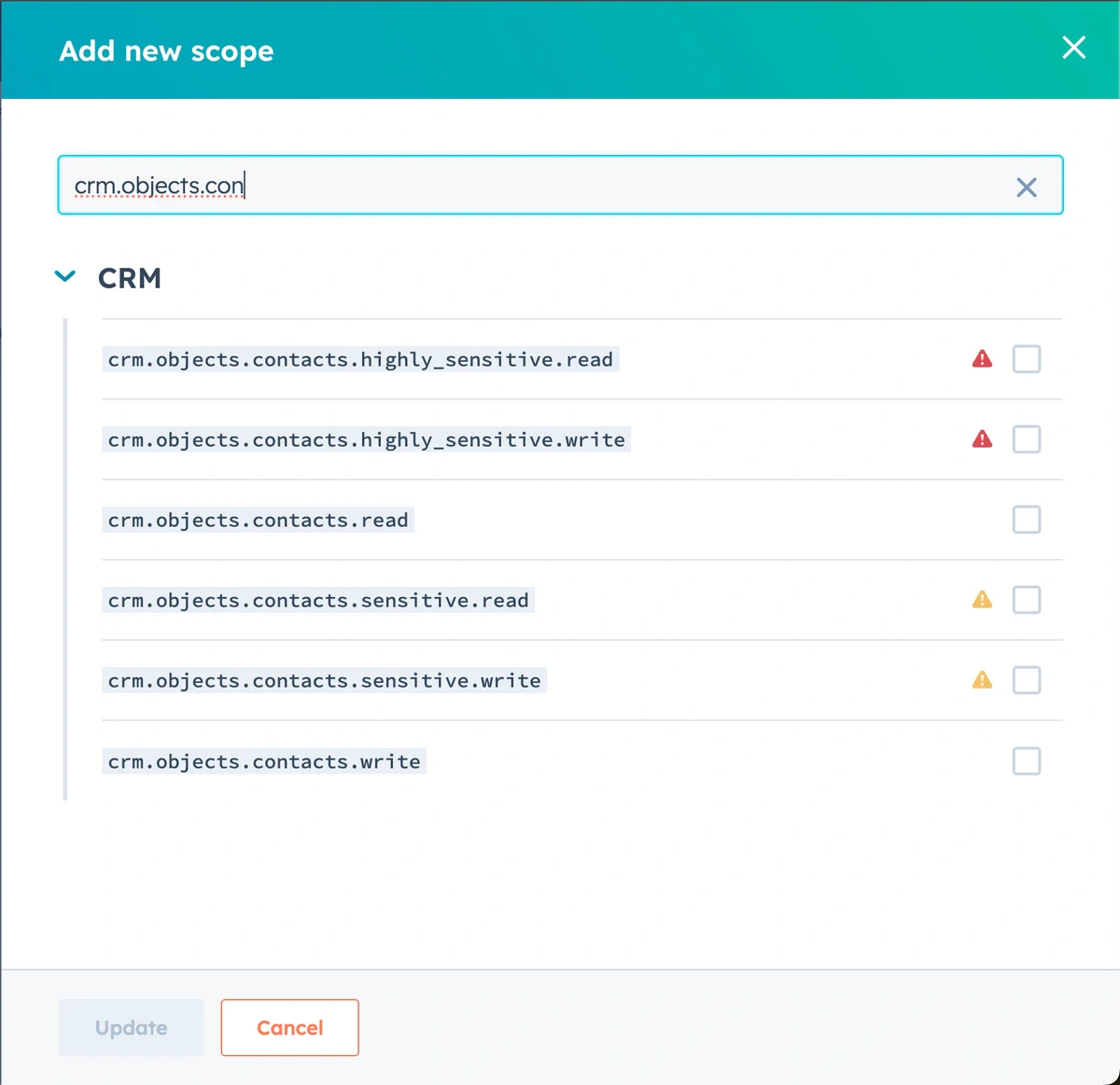 Defining access scopes for the HubSpot private app