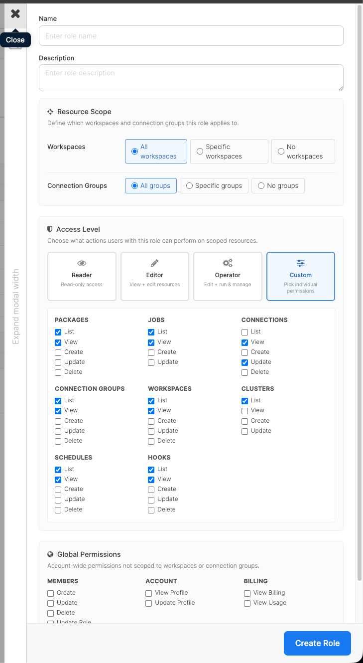 Role creation form with the Operator preset selected and Specific scope chosen for one package group and one connection group
