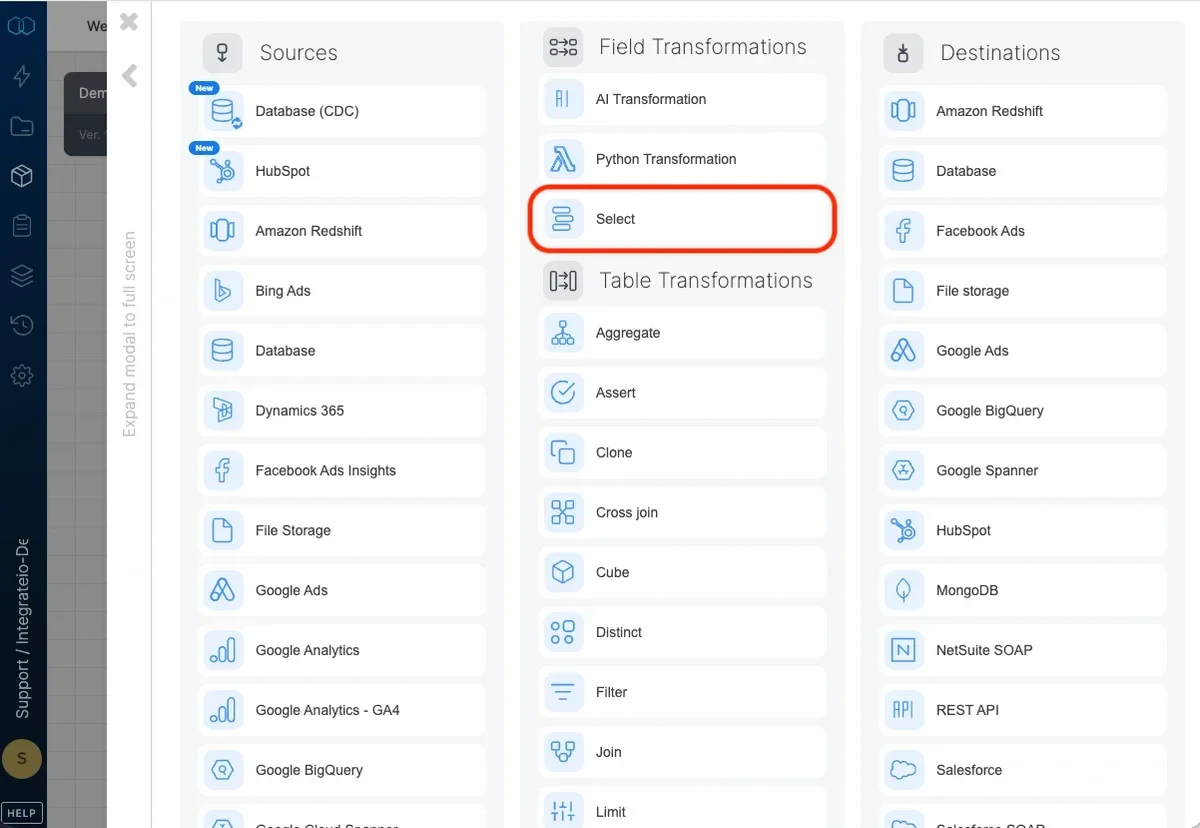 Select component in the pipeline designer