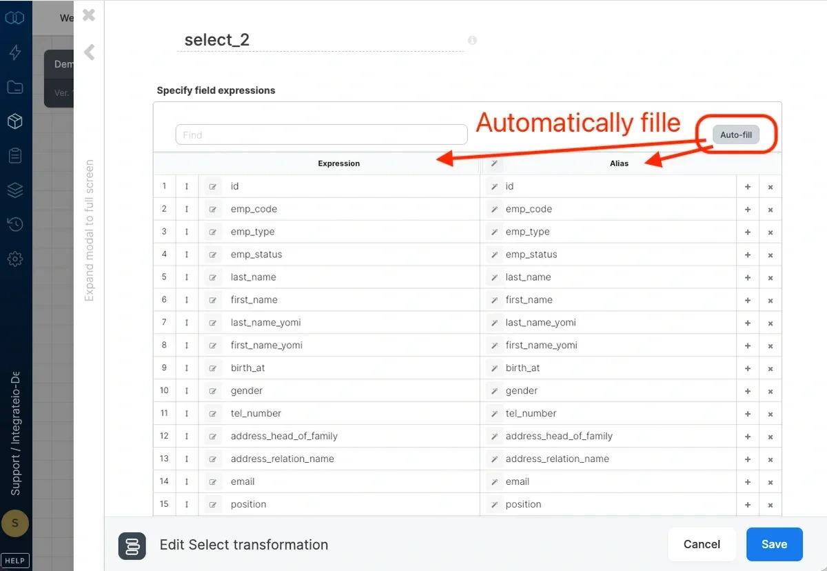 Assigning field aliases in the expression editor