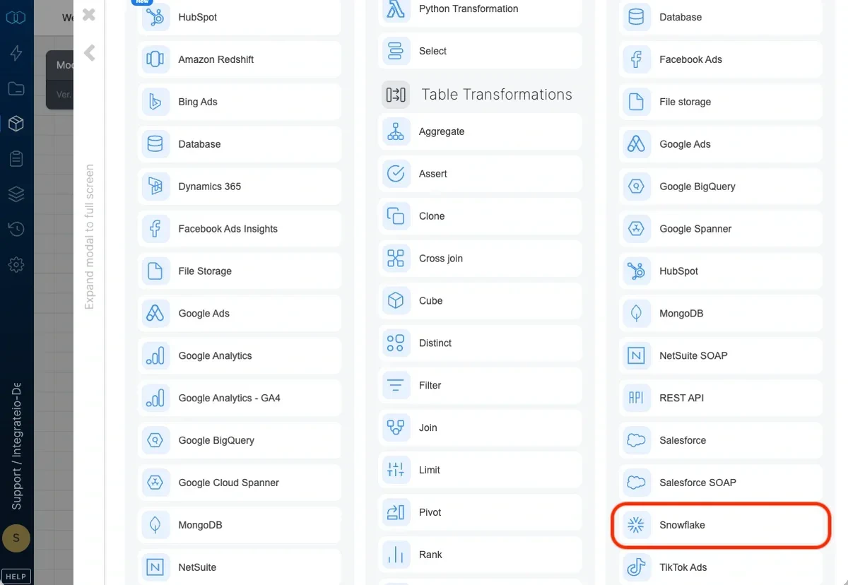 Snowflake destination component in the pipeline designer