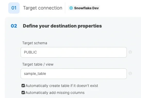 Snowflake destination properties with schema, table, and auto-create options