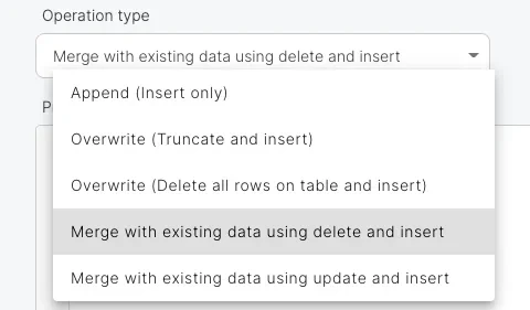 Operation type dropdown with append, overwrite, and merge options