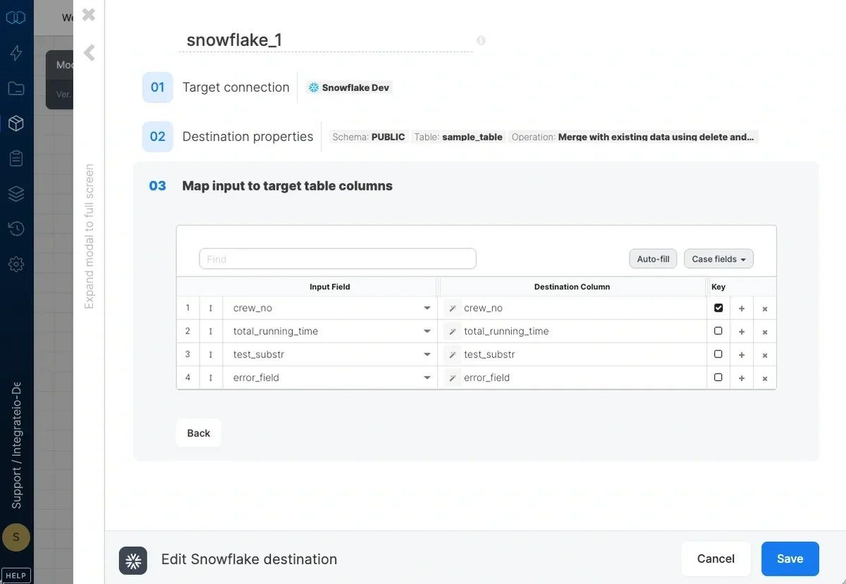 Schema mapping with field names, types, and key column settings