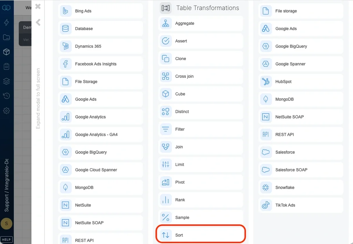 Sort component in the pipeline designer