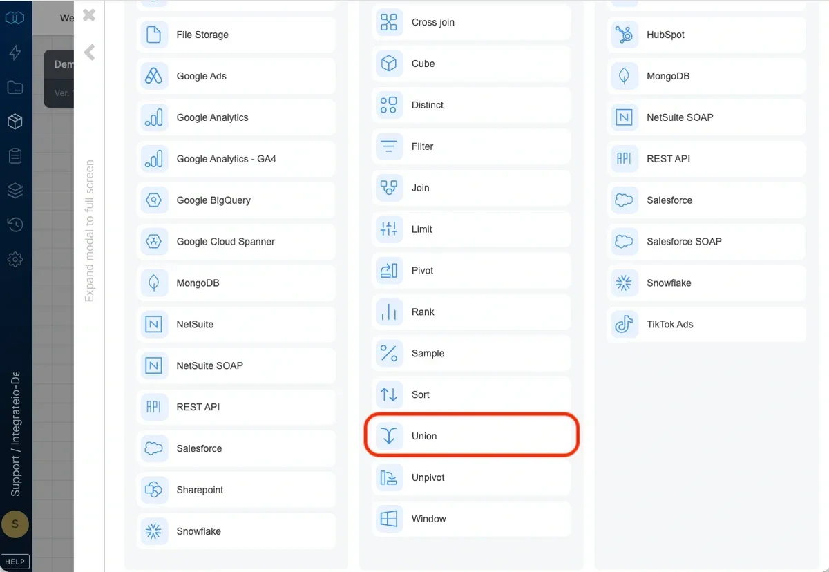 Union component in the pipeline designer
