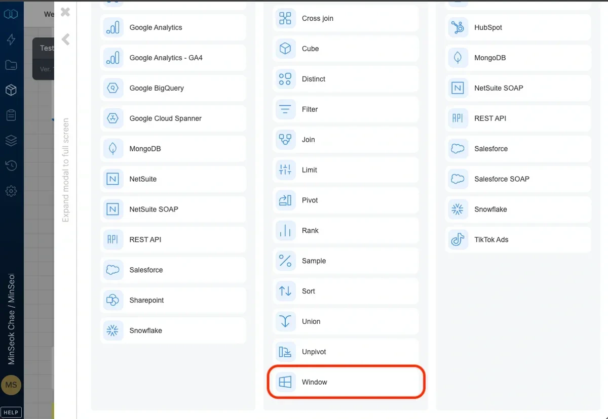Window component configuration with partitioning and sort options