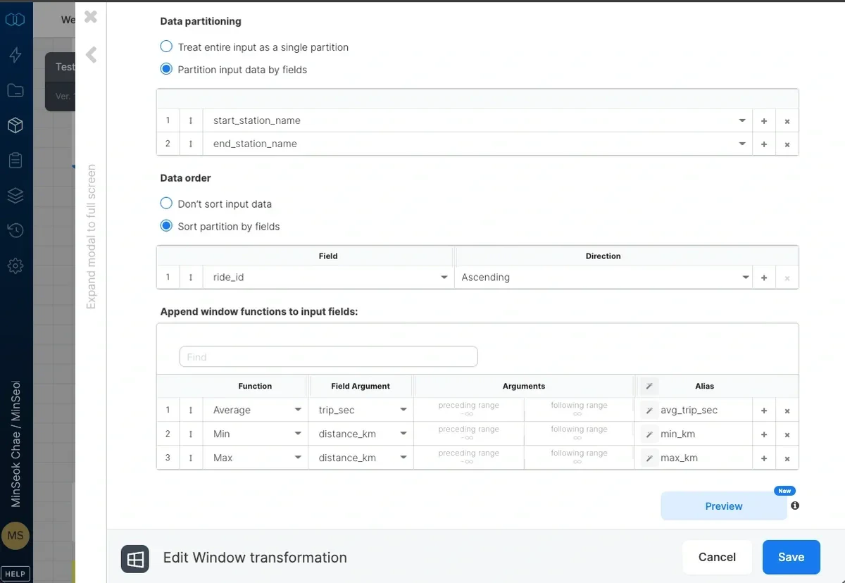 Window function selection with field and alias settings