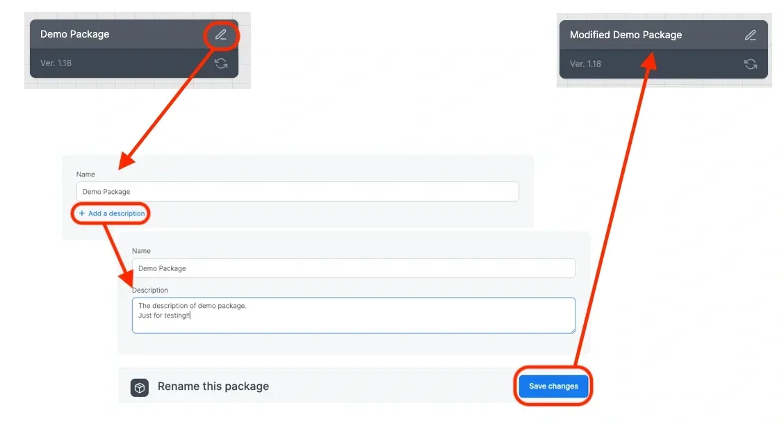 Package name and description fields in the designer