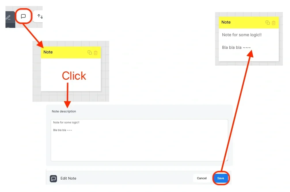 New note icon and editable note on the designer canvas