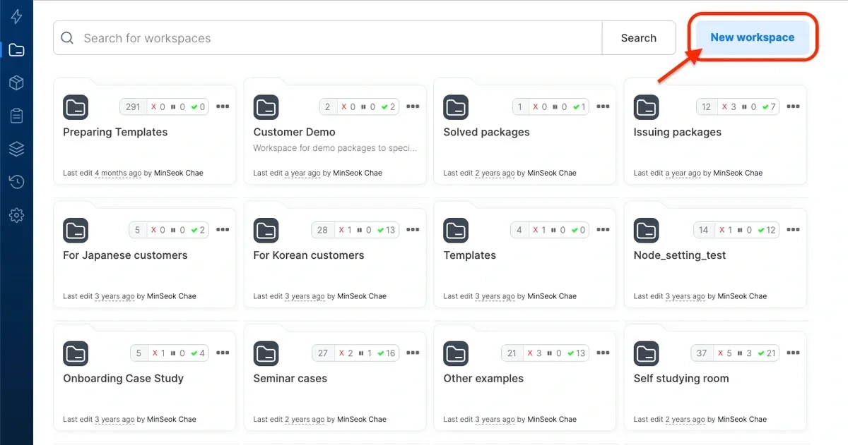 New Workspace modal with name and description fields