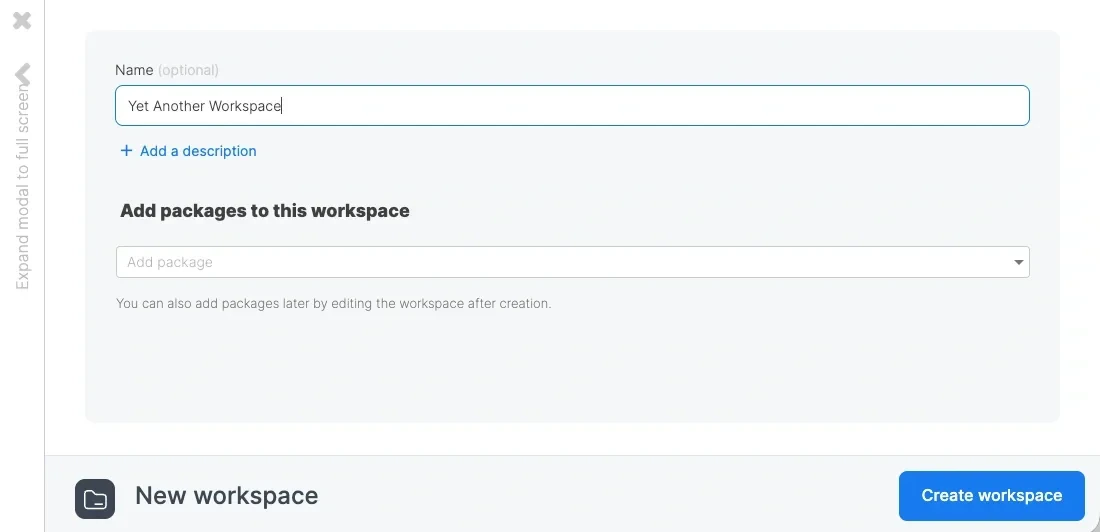 Workspace creation confirmation with packages listed