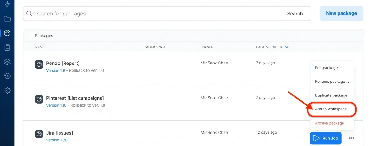 Change Workspace option on a package in the Packages tab