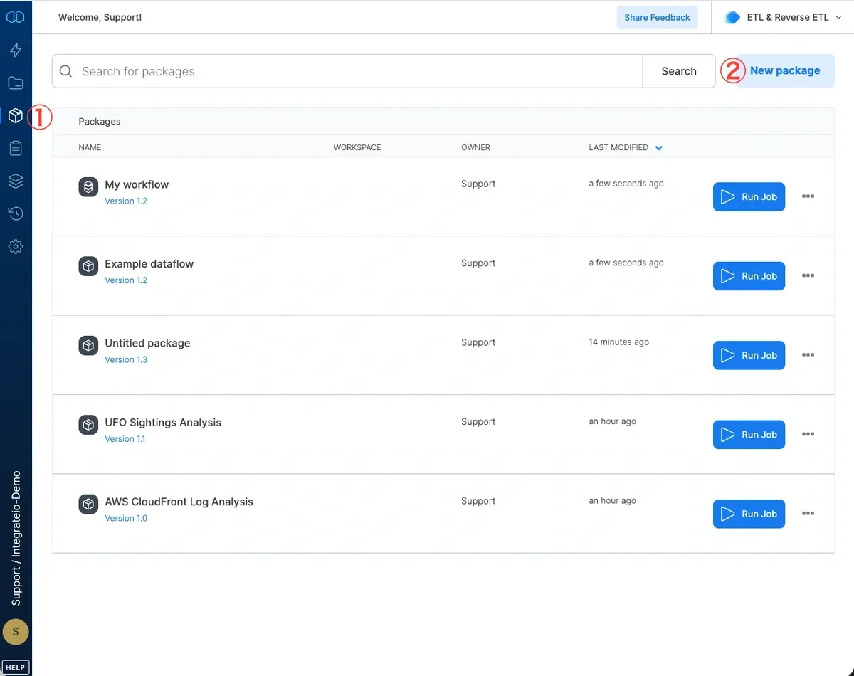Packages menu with New package button highlighted