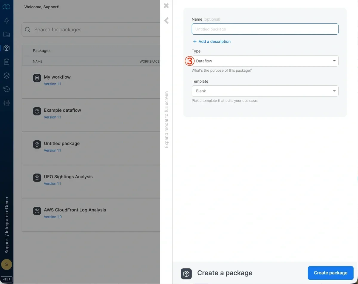 Selecting Dataflow as the new package type