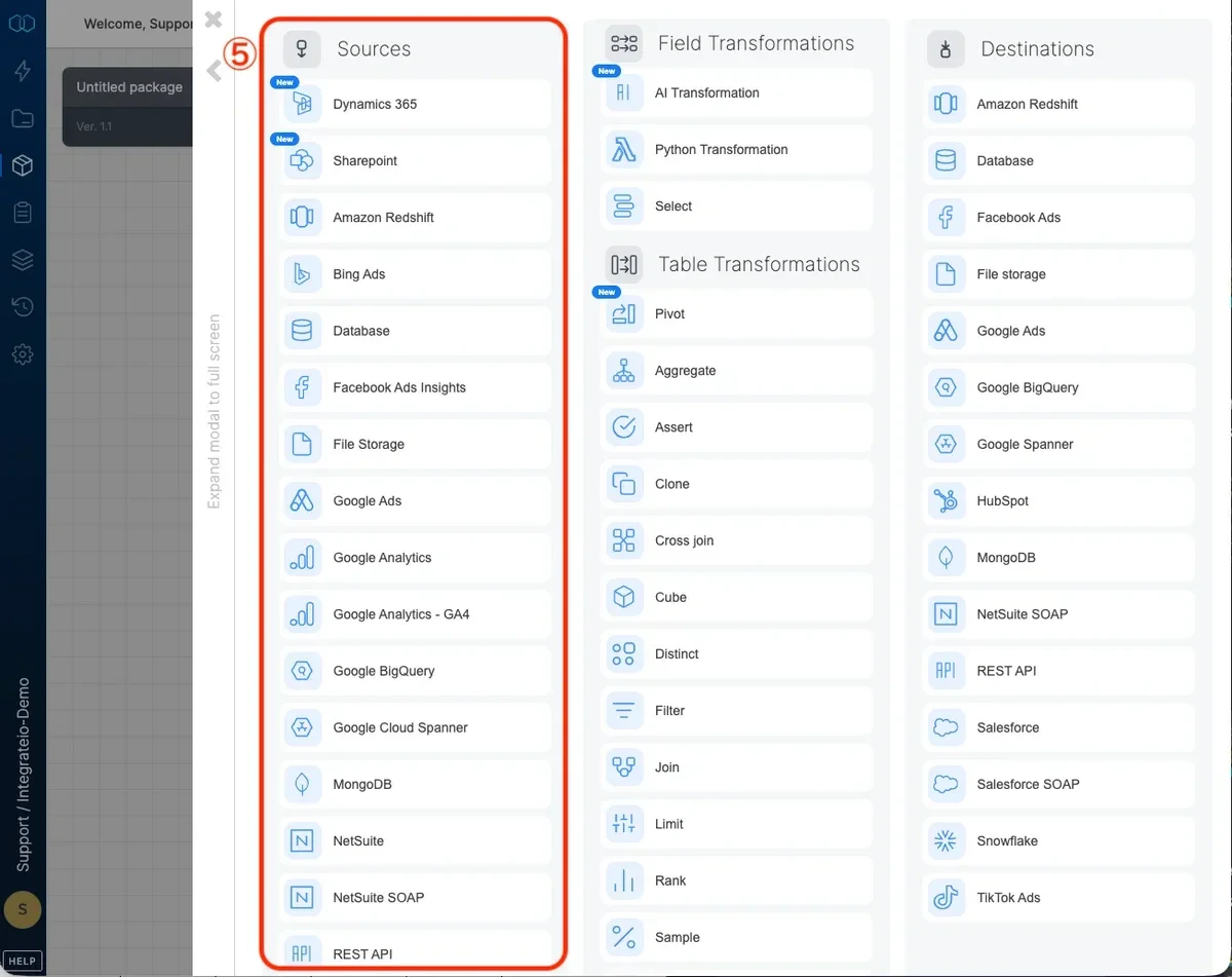 Data source selection dropdown in the component menu
