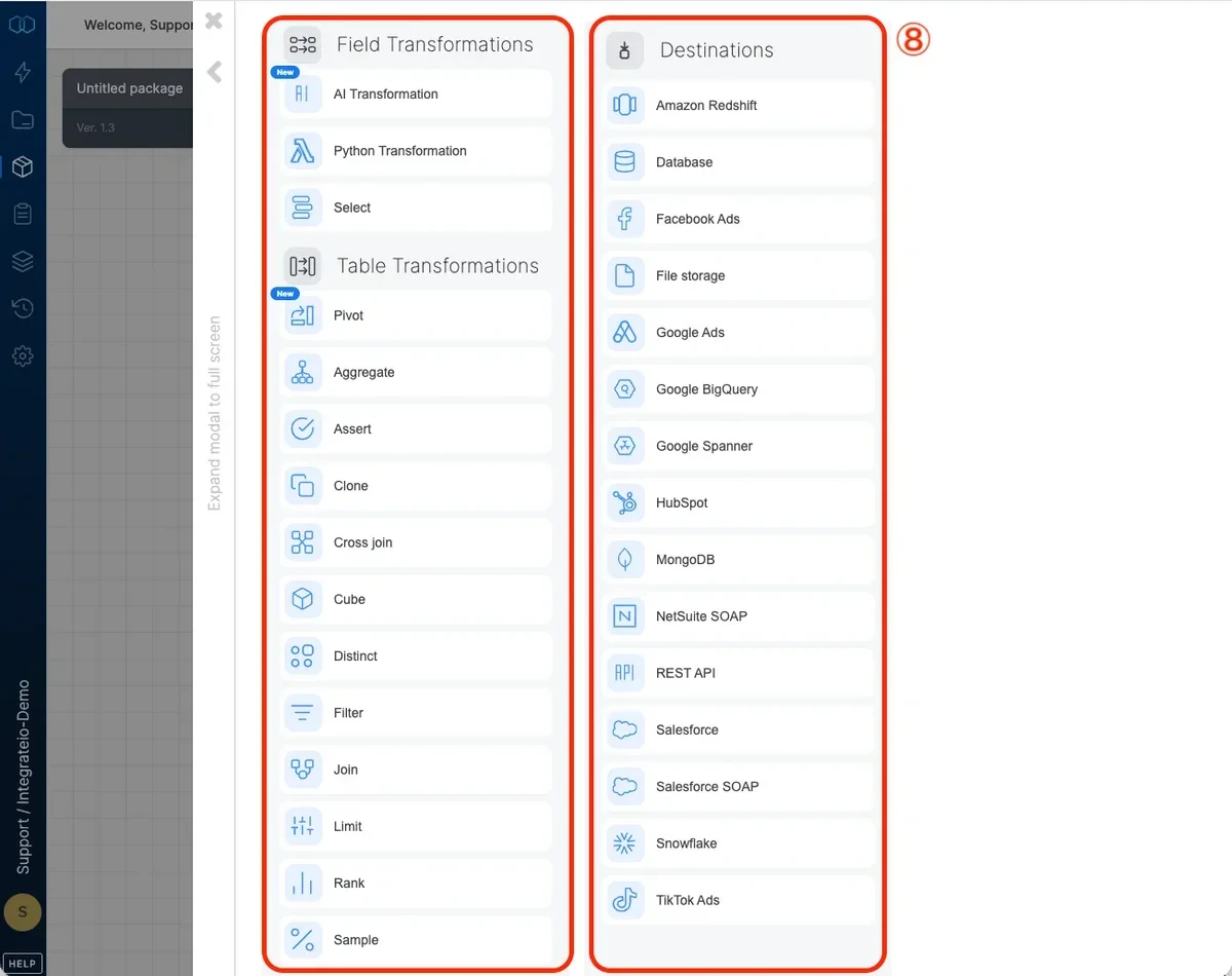 Destination component selection list