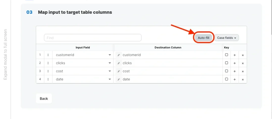 Destination component schema mapping with Auto-fill button