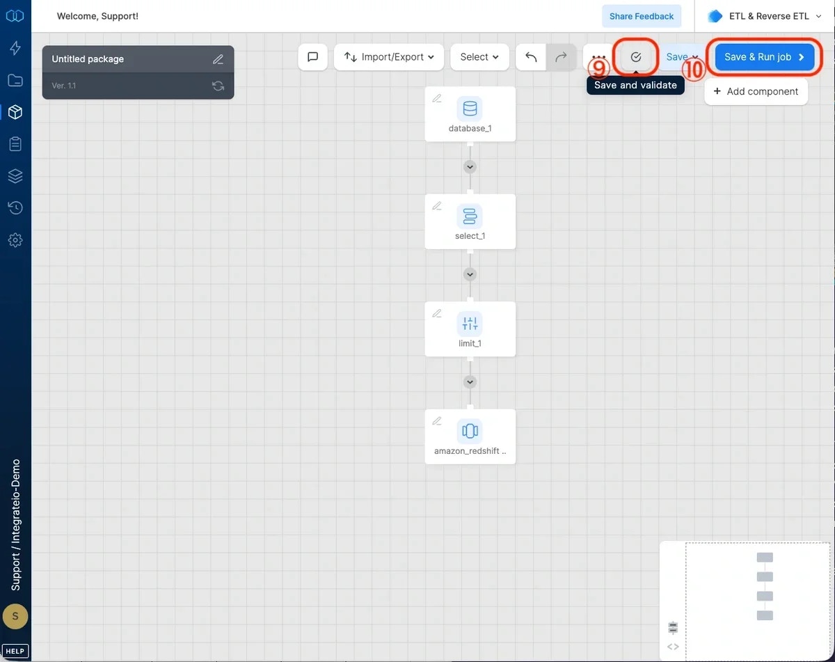 Save and validate button and Save and Run job button in the toolbar