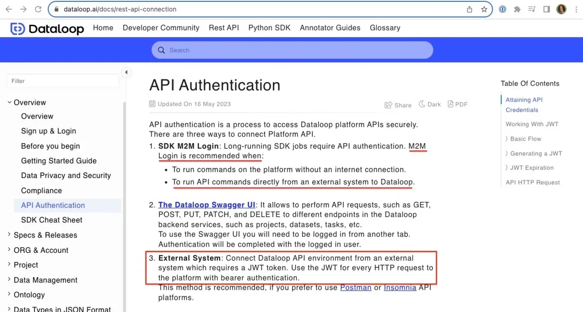 Dataloop API authentication documentation for M2M login