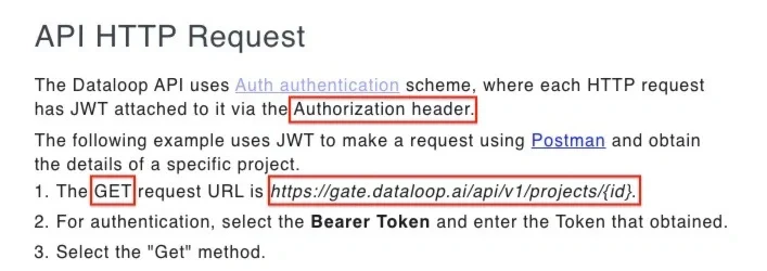 Dataloop API sample data request from the documentation