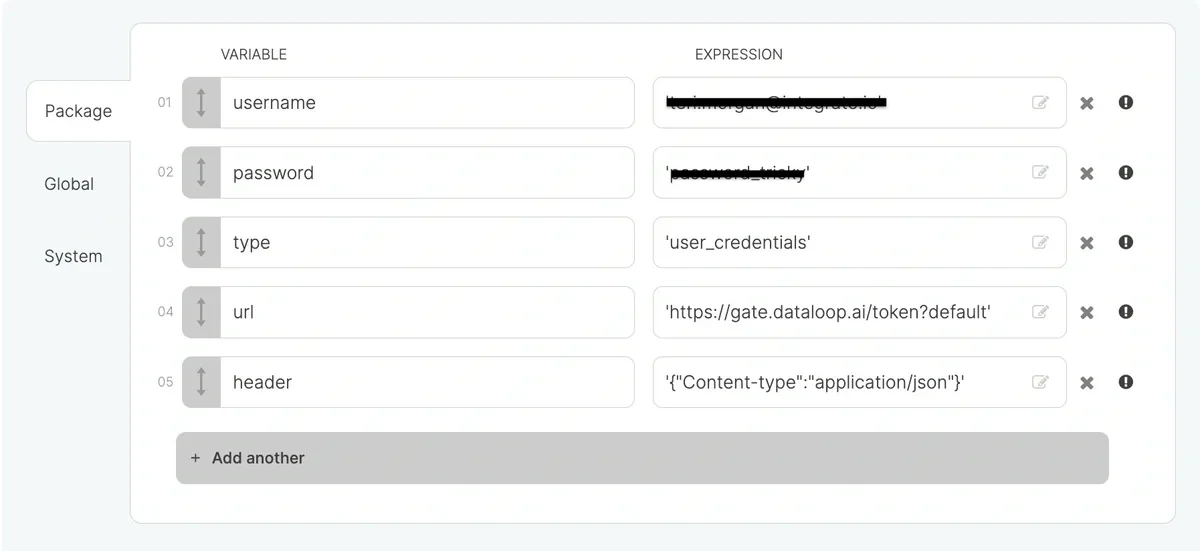 Package variables for Dataloop credentials and headers