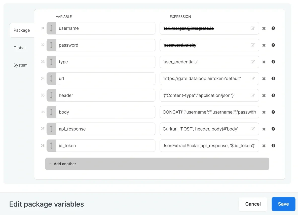 All eight package variables for the Dataloop API authentication flow
