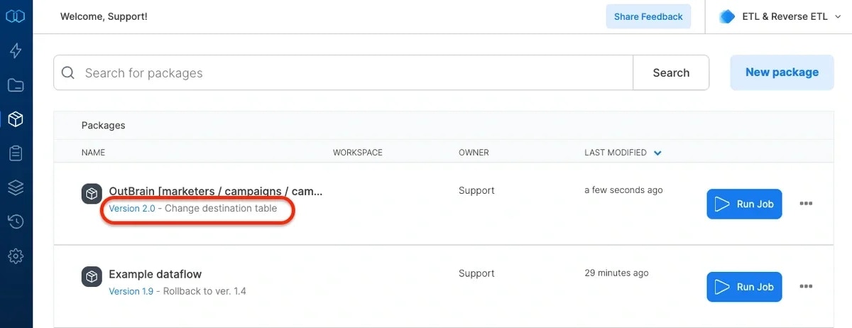 Package list showing version number and description