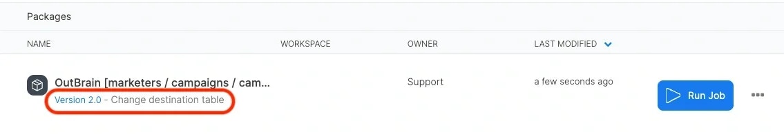 Version number link under the package name on the Packages page