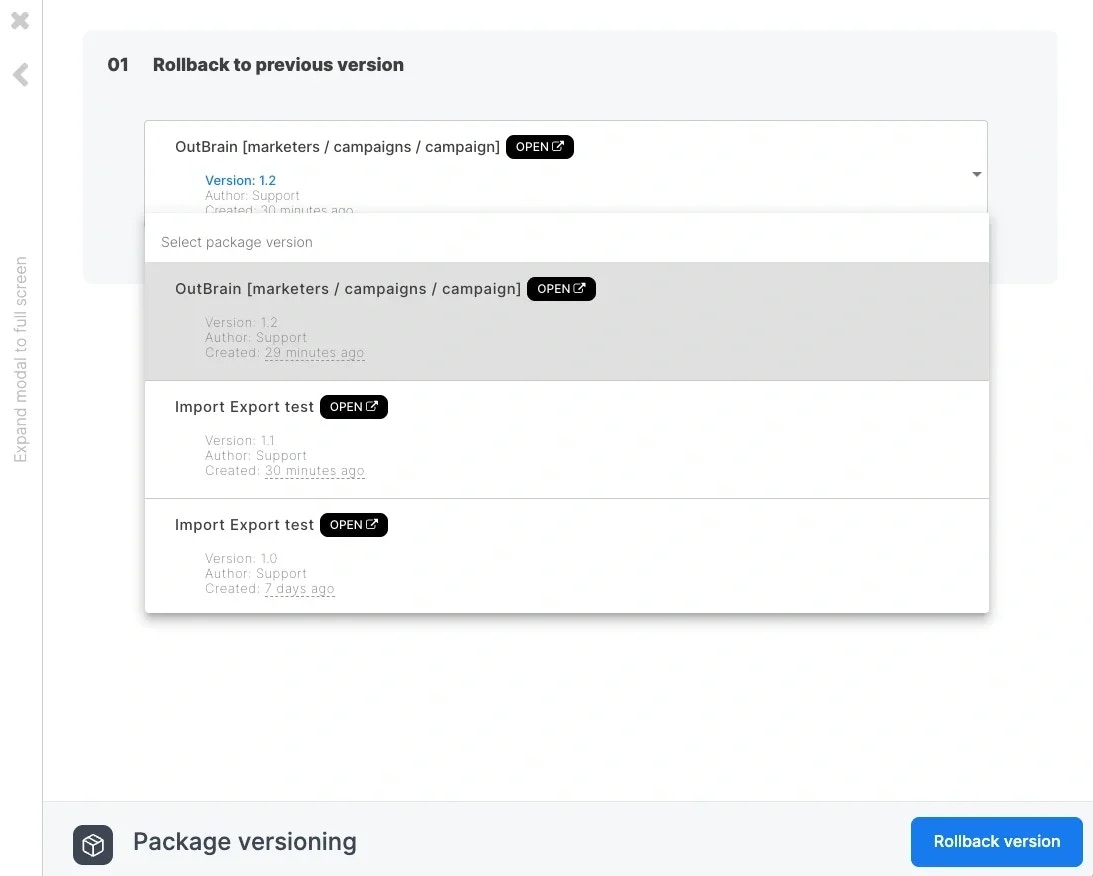 Version dropdown listing all available versions with descriptions