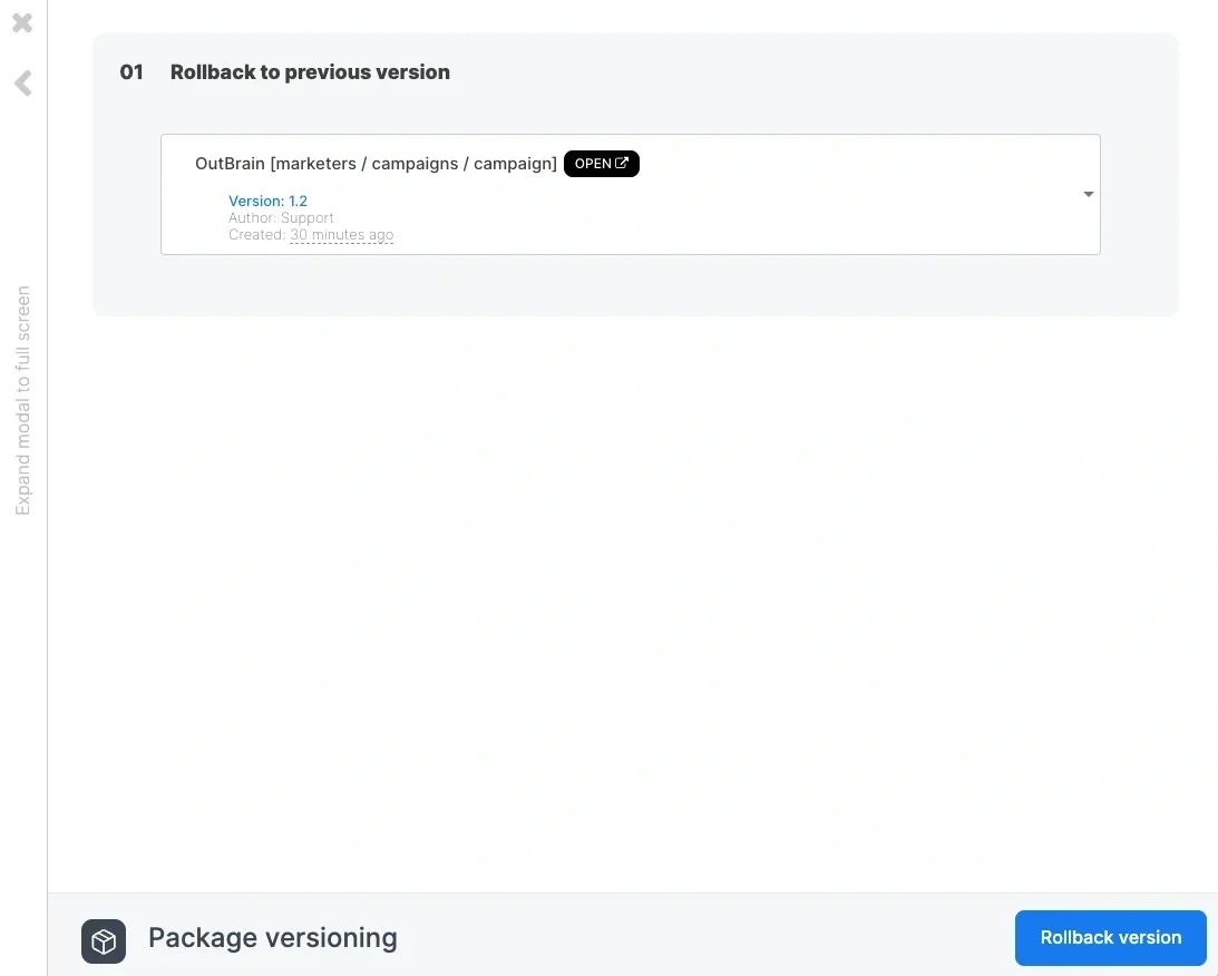 Version rollback form with version selector and Open button