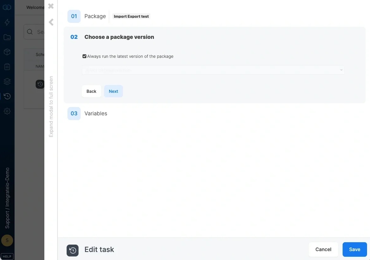 Schedule form with package selected and version settings