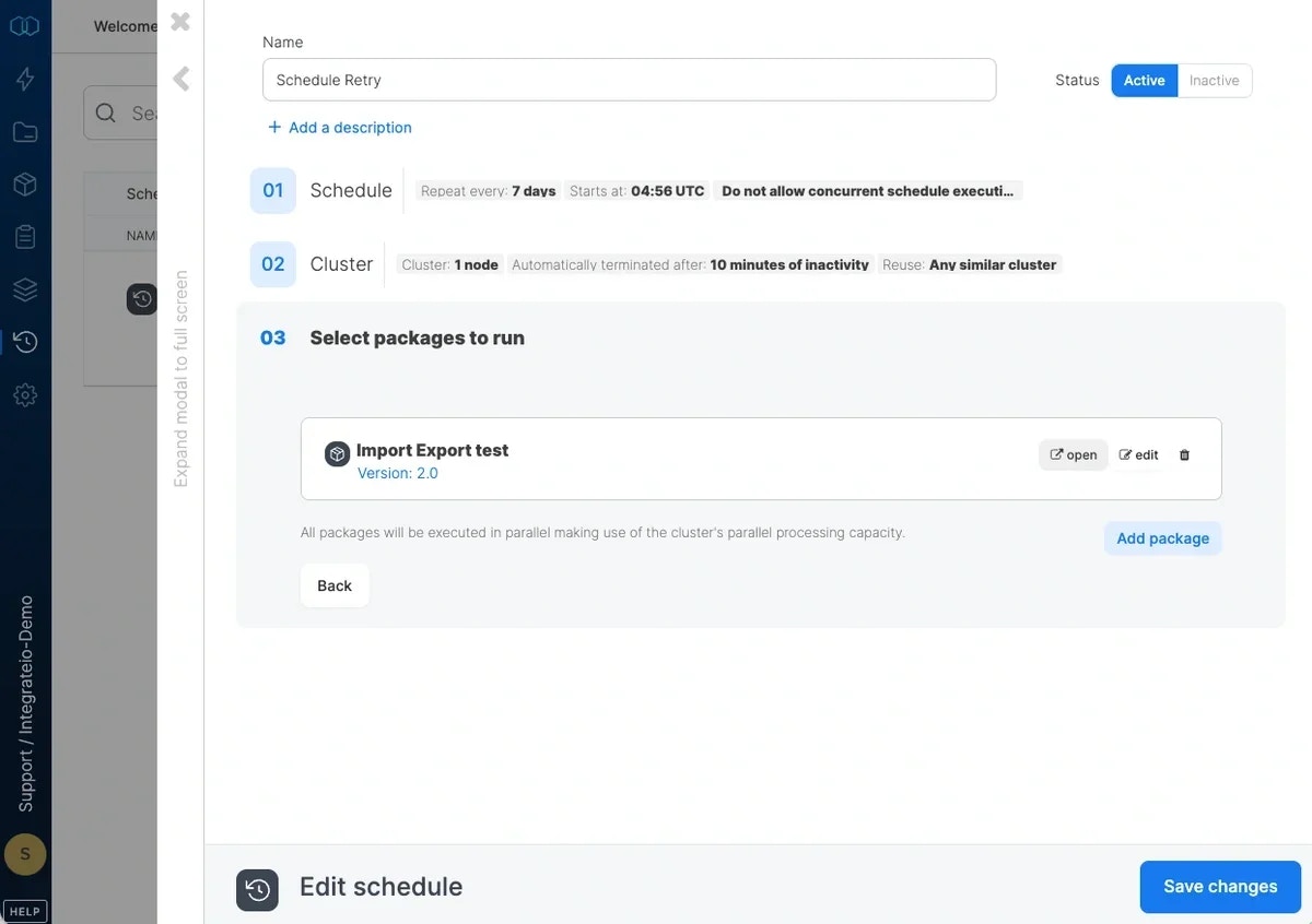 Schedule list showing locked package version number