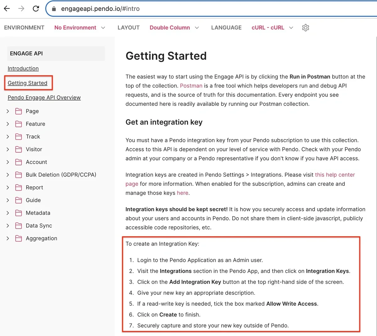Pendo API Getting Started page with Integration Key instructions