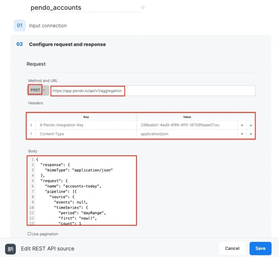 REST API source component configured for Pendo POST request