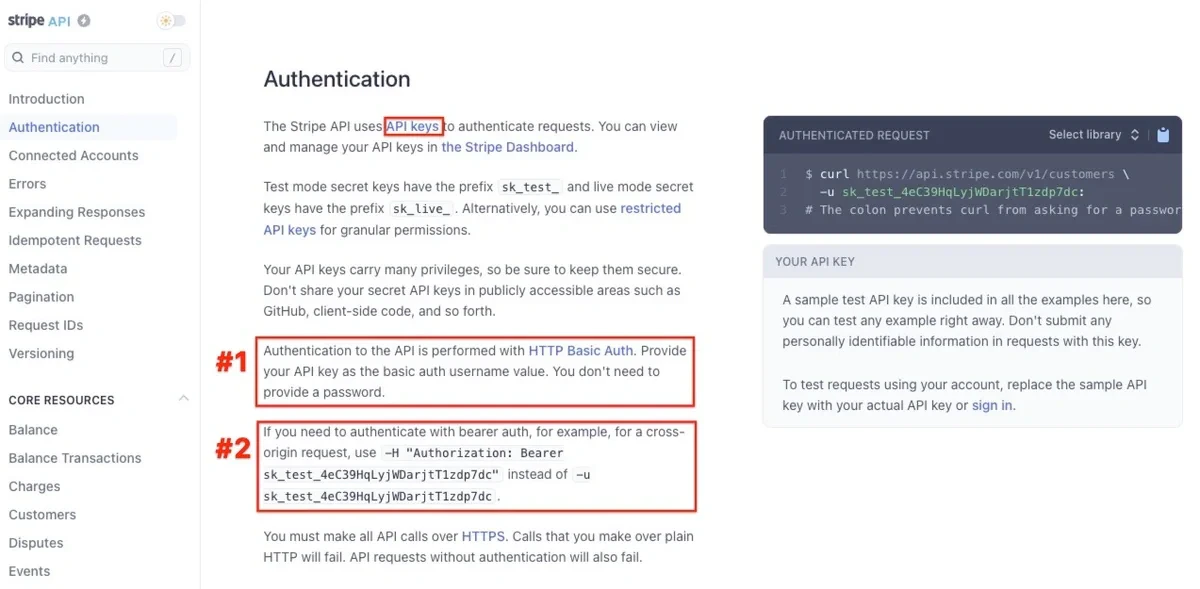 Stripe API documentation showing authentication methods
