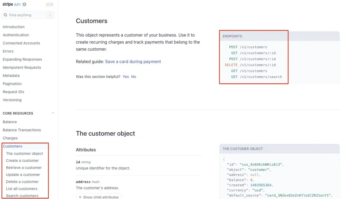 Stripe API Customers endpoints in the documentation sidebar