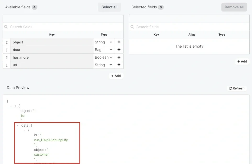 Data preview showing customer records inside the data array
