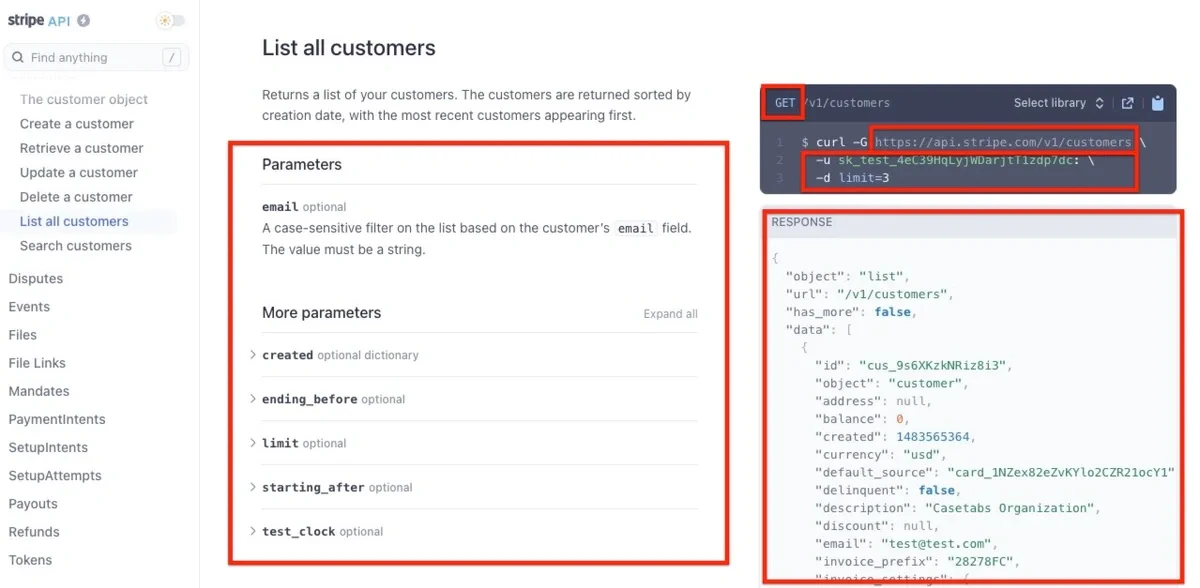 Stripe API list all customers endpoint details