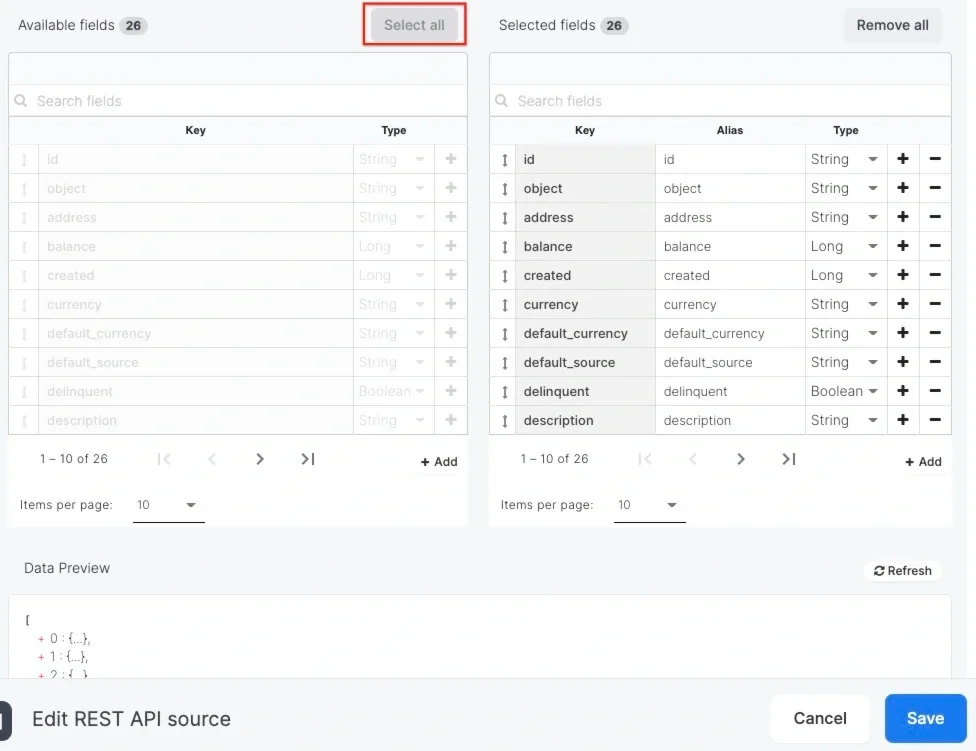 Schema step with parsed customer fields selected