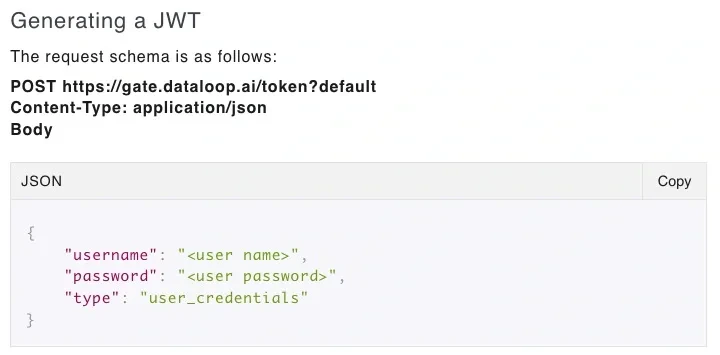 Dataloop API documentation showing JWT expiration details