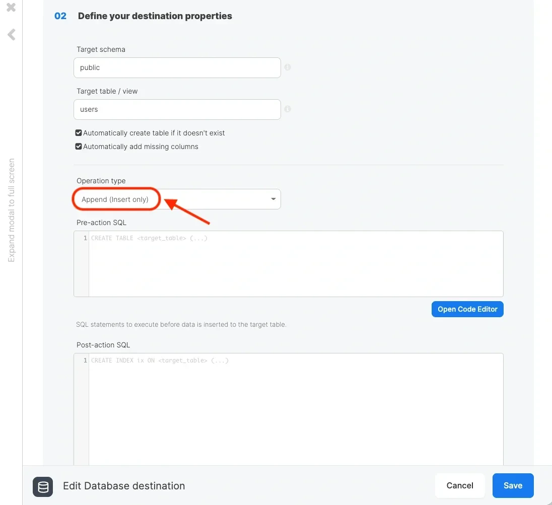 Destination component configured to append data to the target table