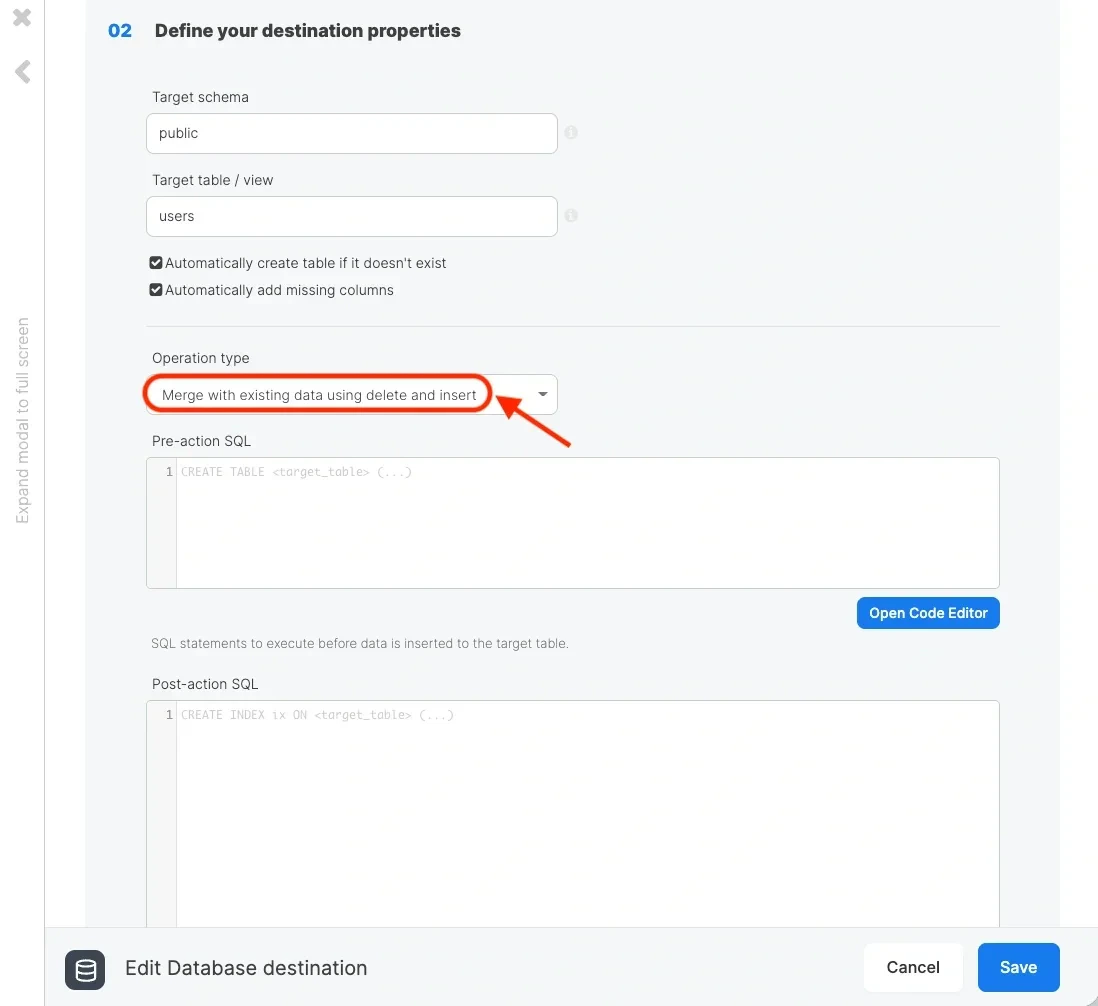 Destination component with Merge operation type and primary key selected