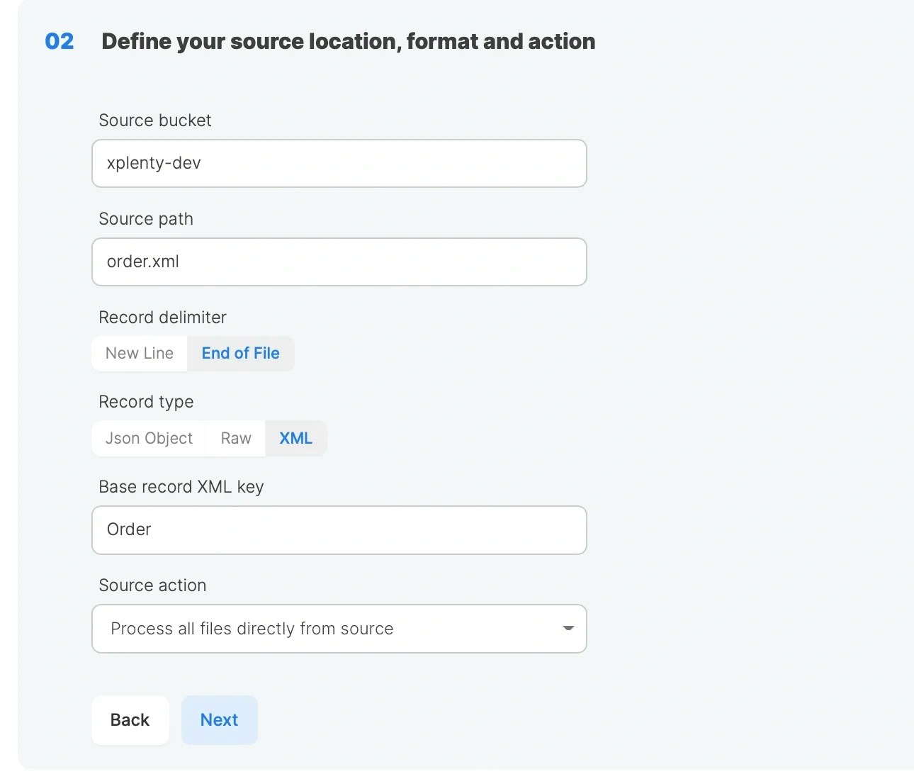 File Storage source with XML record type and Base record XML key