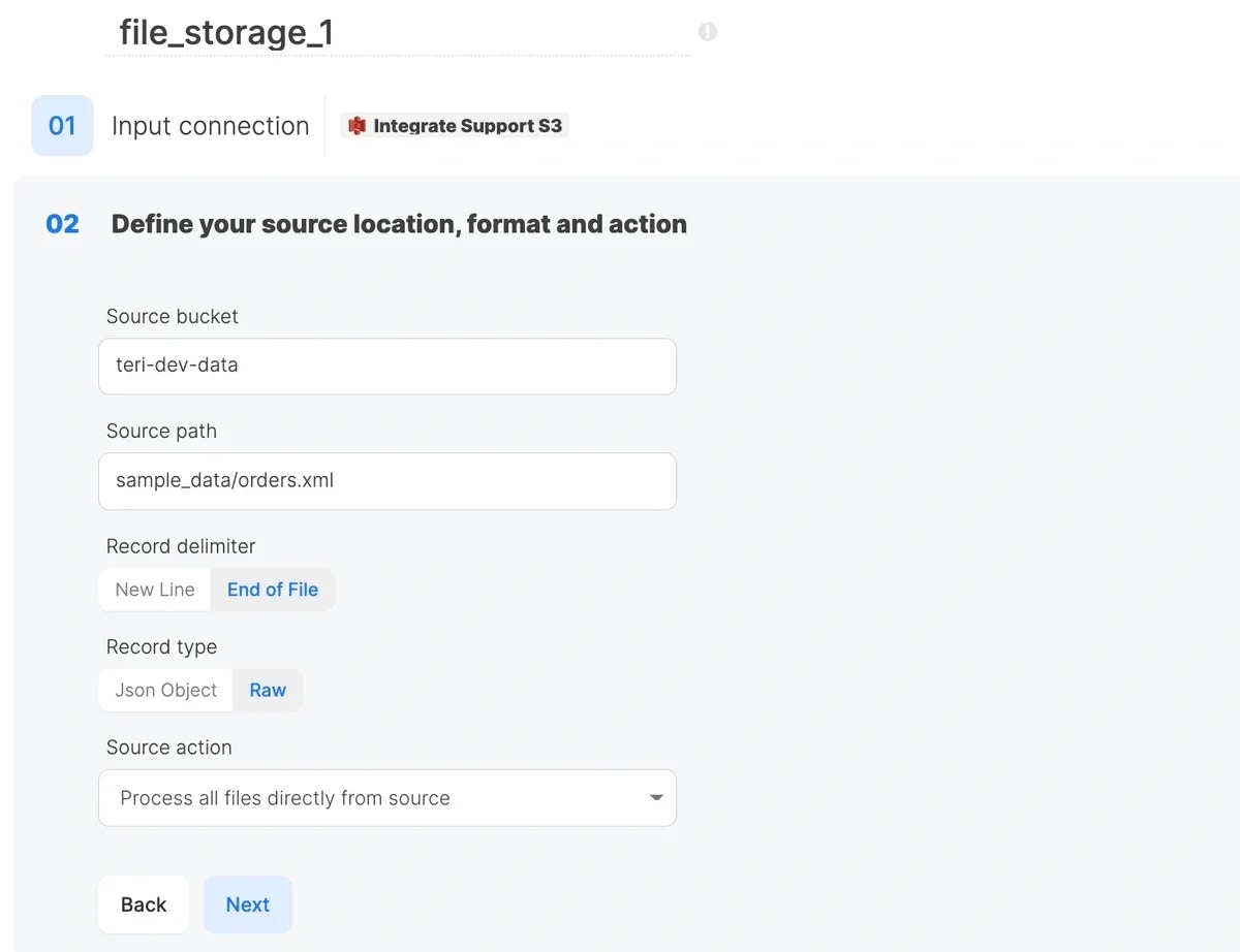 File Storage source with Raw record type for XML data