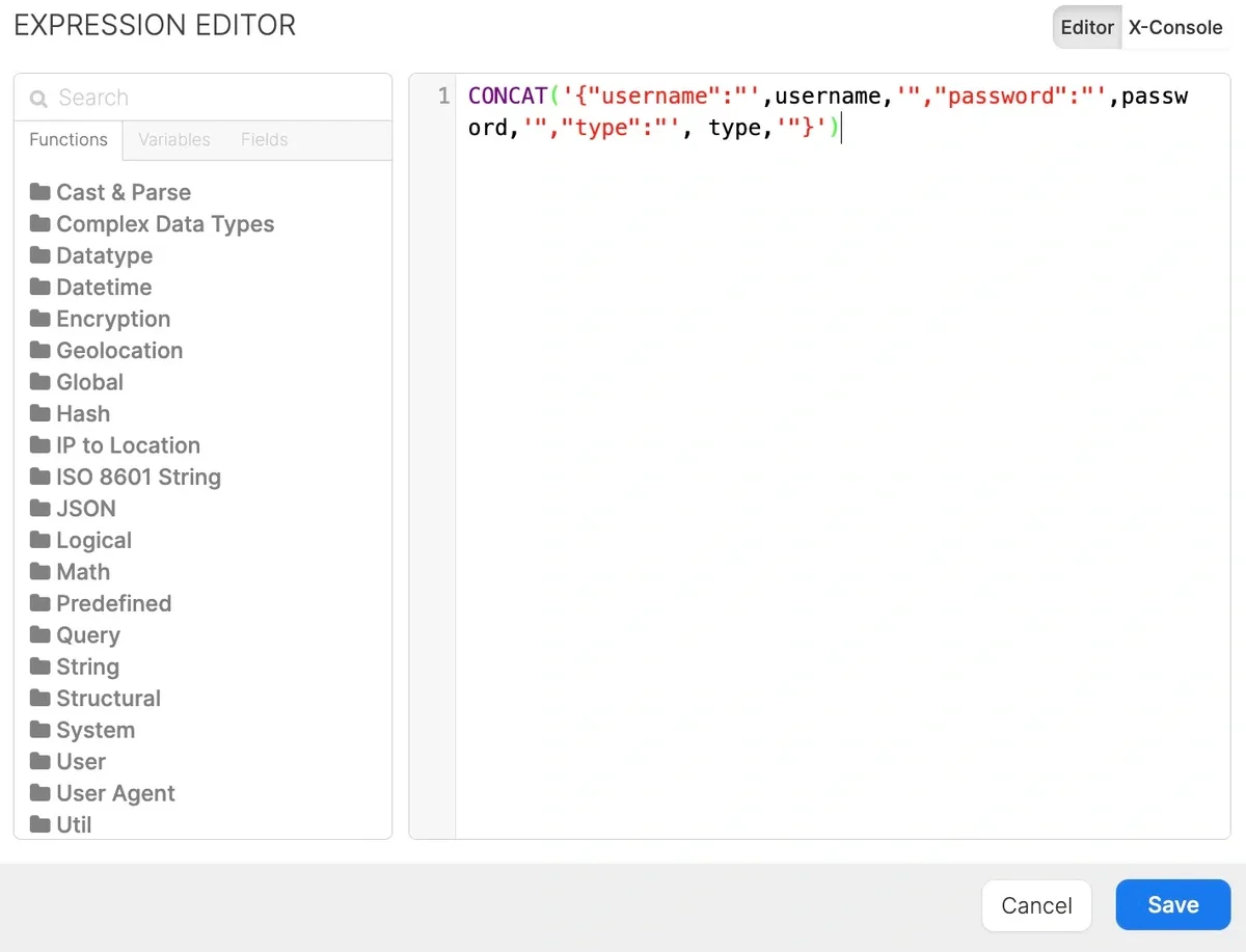 CONCAT function combining credential variables into the JSON body